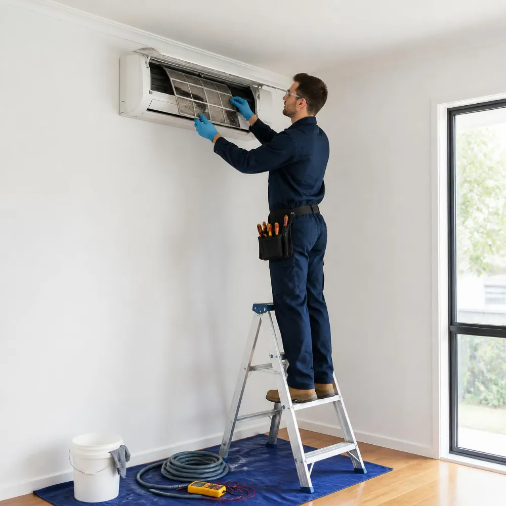 Technician on a step ladder removing the filter from a wall-mounted split system air conditioner for cleaning