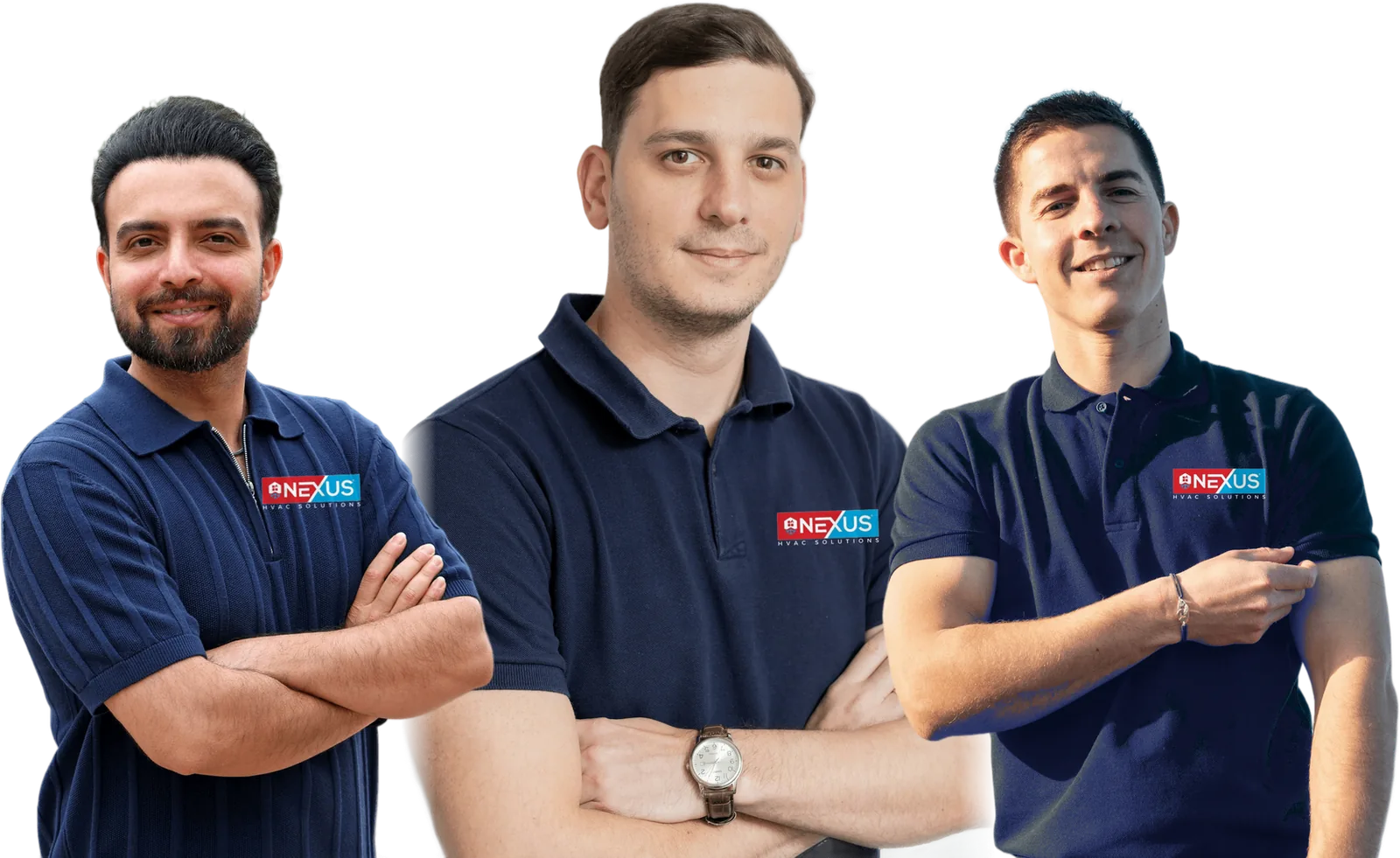 Three smiling technicians in navy Nexus HVAC polo shirts
